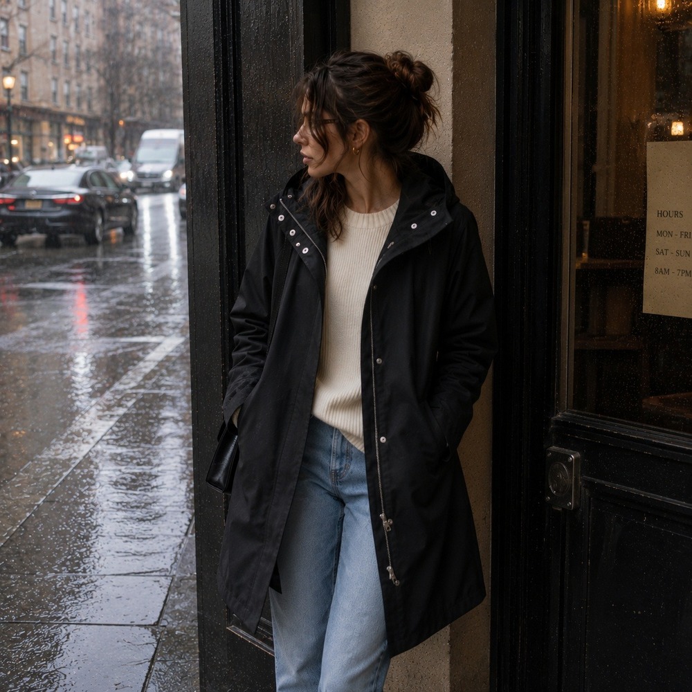 Everlane Black Hooded Full‎ Zip Anorak Rain Jacket Parka Oversized Small